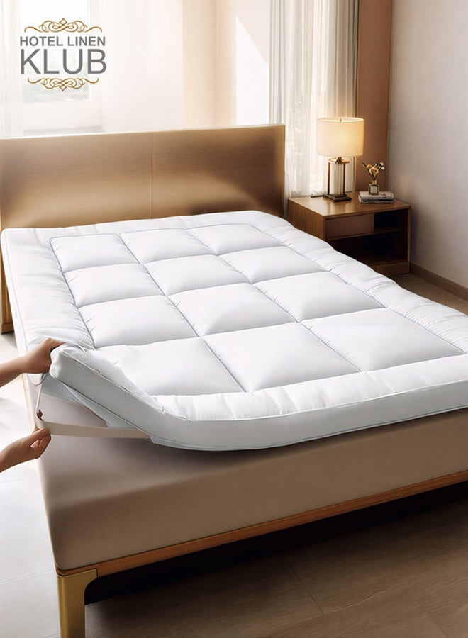 Hotel Linen Klub Double Mattress Topper- 160x200+5cm -600GSM Extra Thick and Soft Fibersheet, Supersoft Brushed Fabric with 4-Side Elastic Bands for Secure Fit